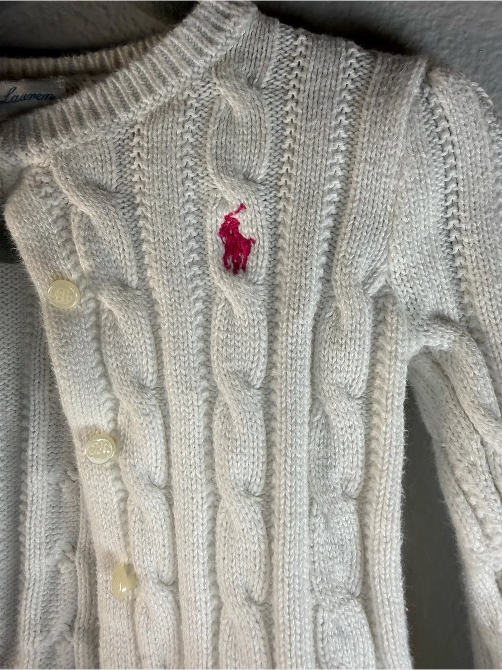 Ralph Lauren Cream Cable Knit Button-Up Cardigan with Pink Pony